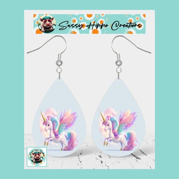 Earrings Colorful Unicorn Rainbow Flowers Fairytale Hand Sublimated Printed - Picture 1 of 4